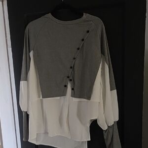 Layered Gray and White Women's Blouse - Button Front Detail